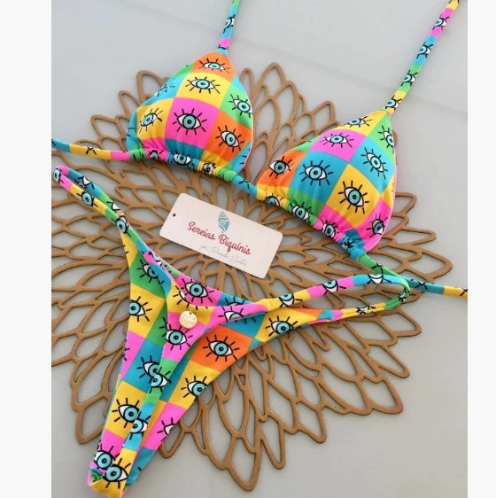 Women's Printed Lace Up Split Swimsuit Bikini